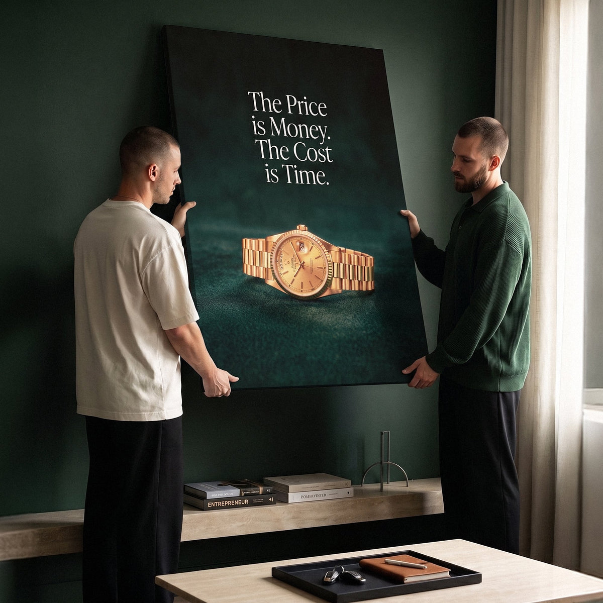 Two men hanging The Cost Is Time canvas on a green wall
