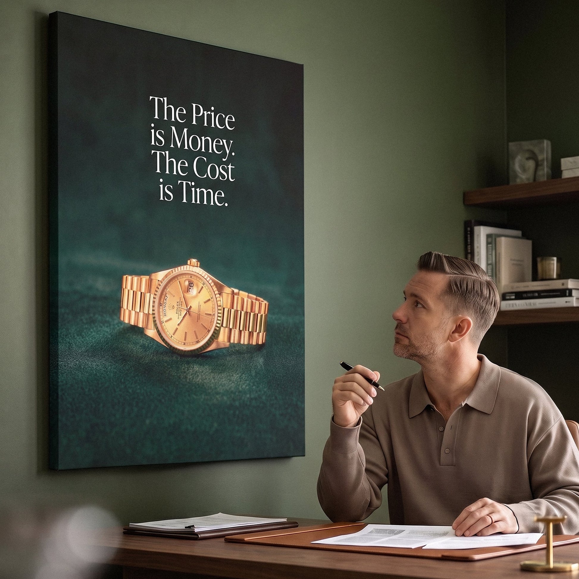 The Cost Is Time canvas beside a man working at an office desk