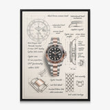 The Espresso Design two tone GMT watch with a black and brown bezel blueprint canvas in a black floating frame