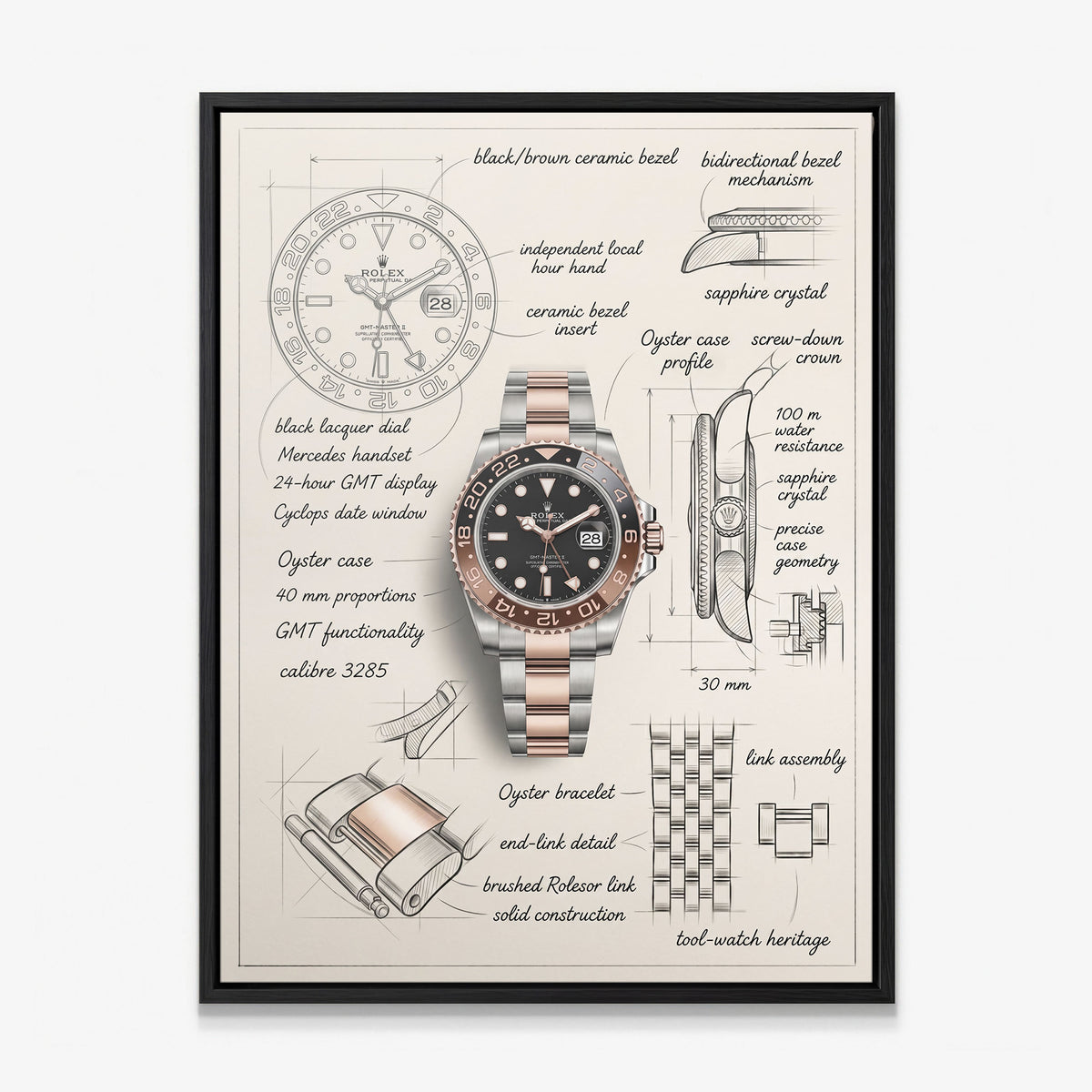 The Espresso Design two tone GMT watch with a black and brown bezel blueprint canvas in a black floating frame