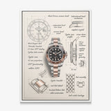 The Espresso Design two tone GMT watch with a black and brown bezel blueprint canvas in a white floating frame