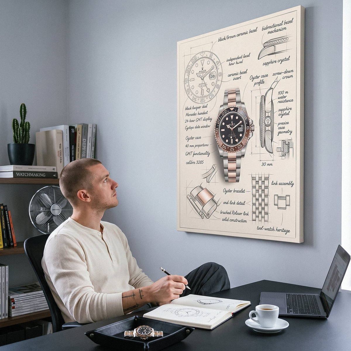 Man at a desk looking up at The Espresso Design watch blueprint canvas in a grey home office