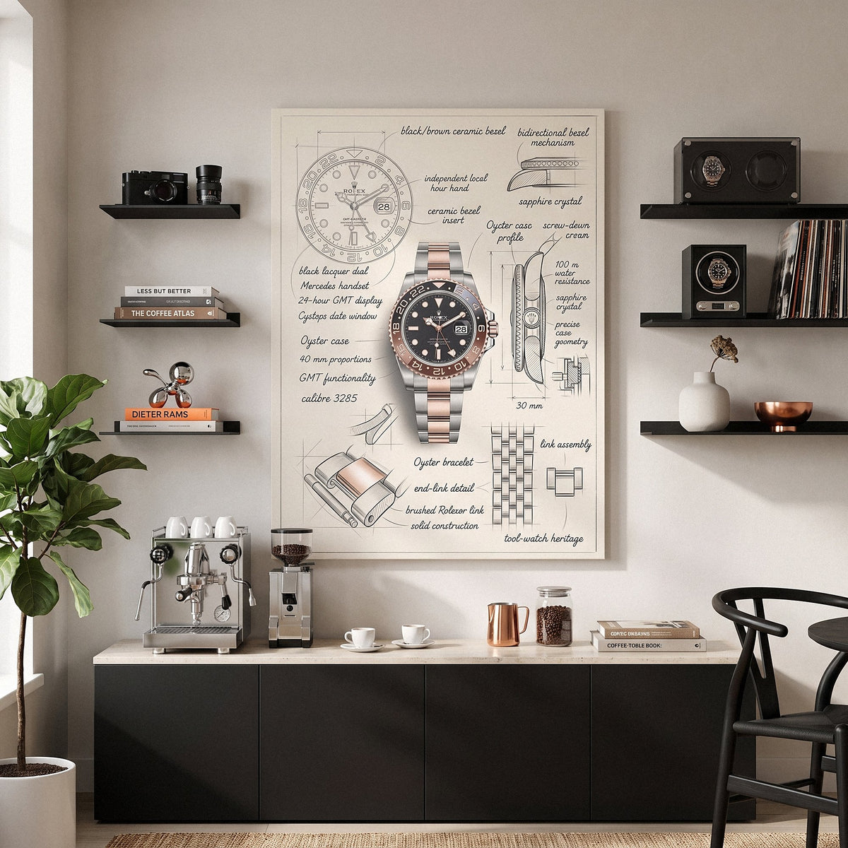 The Espresso Design two tone GMT watch blueprint canvas above an espresso machine on a travertine sideboard