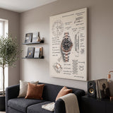 The Espresso Design watch blueprint canvas above a charcoal boucle sofa with a speaker and records