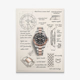 The Espresso Design canvas print of a two tone GMT watch with a black and brown bezel drawn over hand-sketched blueprint notes