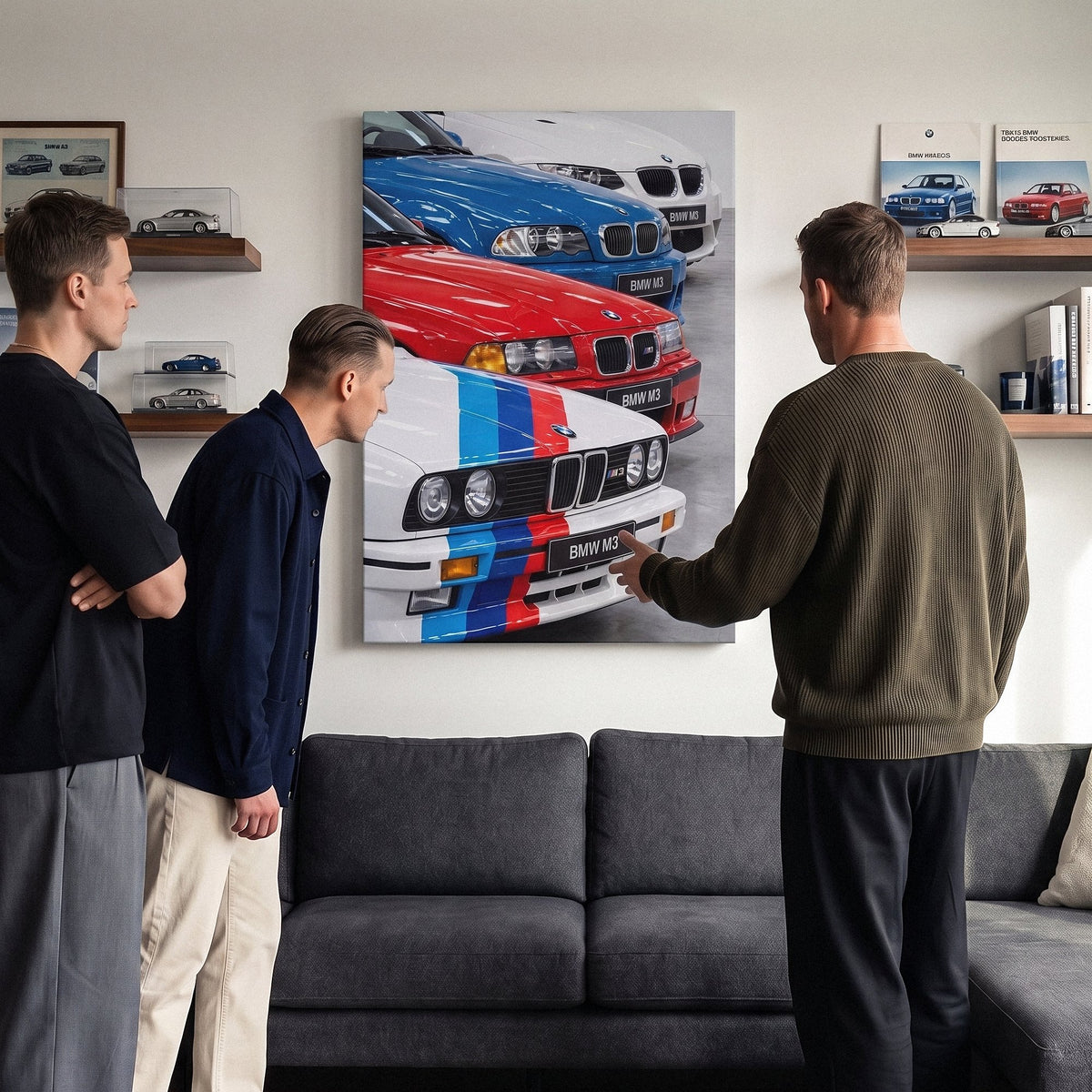 The Four coupe generation lineage canvas wall art above a living room lounge sofa