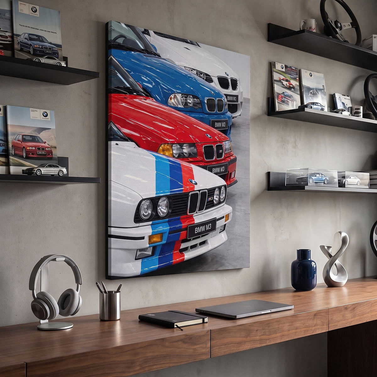 The Four coupe generation lineage canvas wall art in a dark car enthusiast man cave