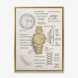 The Gold Standard Design yellow gold watch with a champagne dial blueprint canvas in a gold floating frame