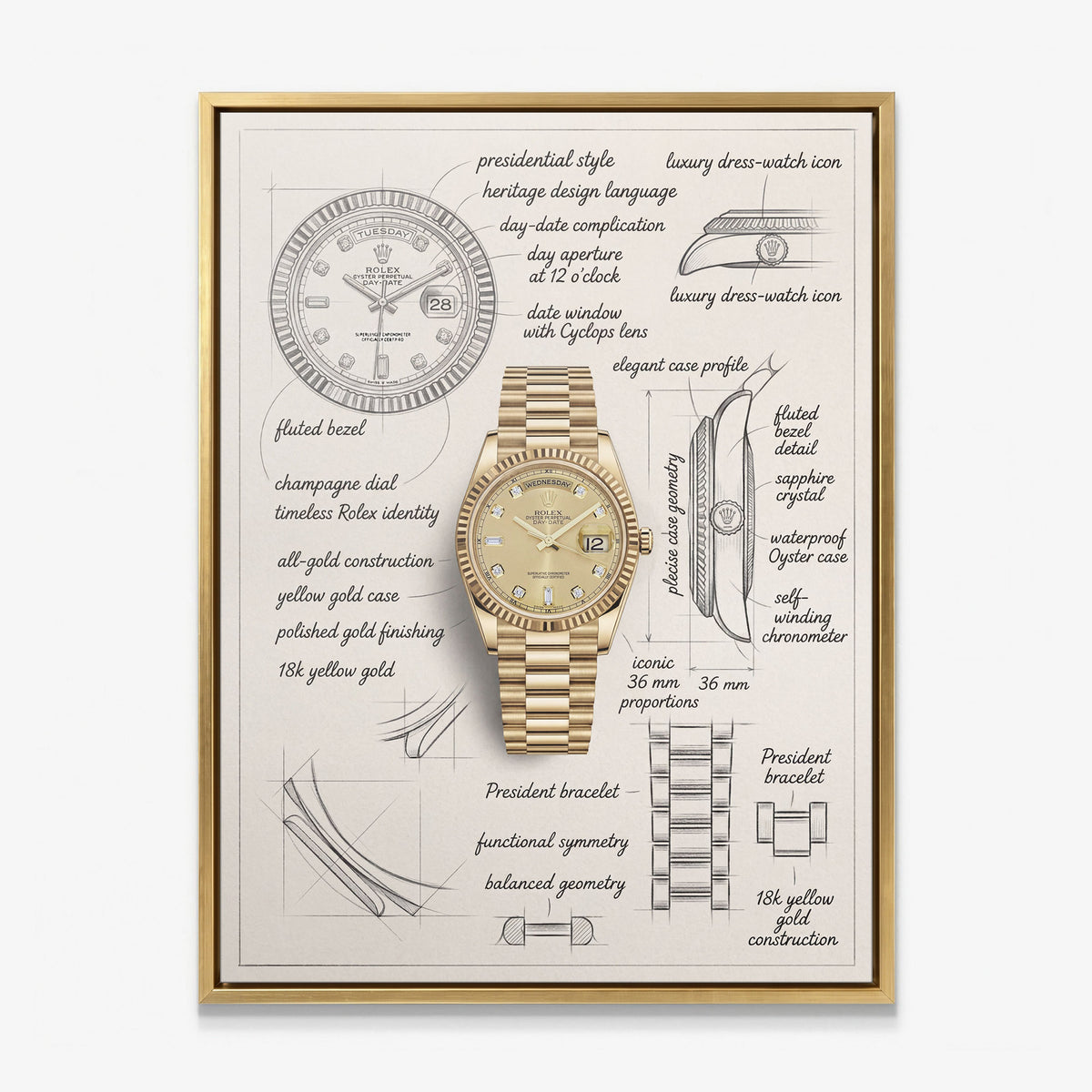 The Gold Standard Design yellow gold watch with a champagne dial blueprint canvas in a gold floating frame