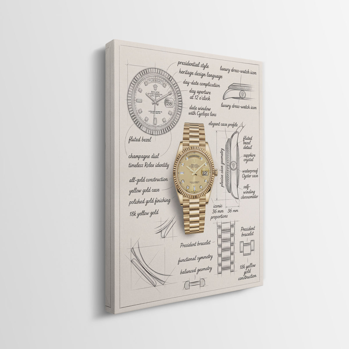 The Gold Standard Design watch blueprint canvas side profile showing the gallery-wrapped edge
