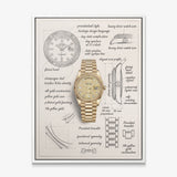 The Gold Standard Design yellow gold watch with a champagne dial blueprint canvas in a white floating frame