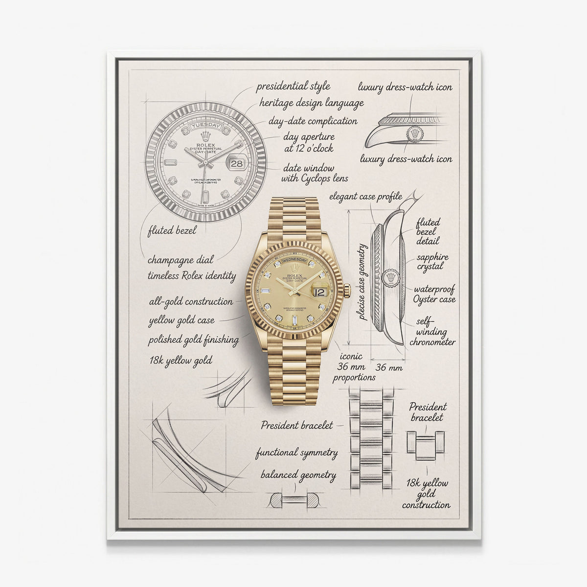 The Gold Standard Design yellow gold watch with a champagne dial blueprint canvas in a white floating frame