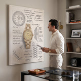Man in a linen shirt with a tablet looking at The Gold Standard Design watch blueprint canvas