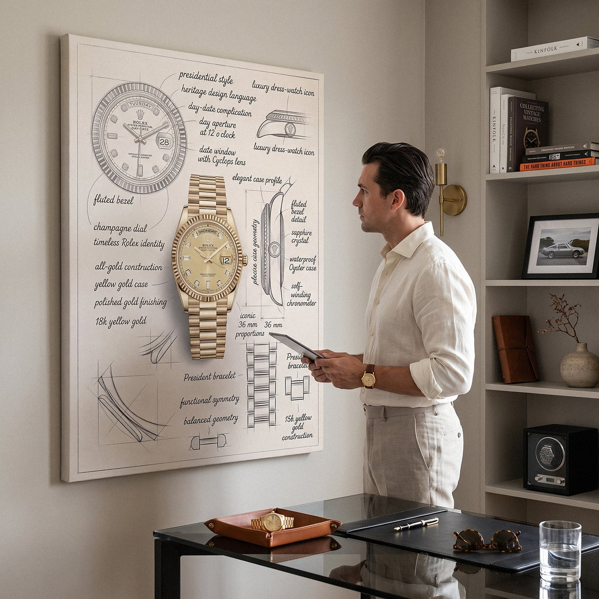 Man in a linen shirt with a tablet looking at The Gold Standard Design watch blueprint canvas