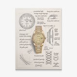 The Gold Standard Design canvas print of a yellow gold watch with a champagne dial drawn over hand-sketched blueprint notes