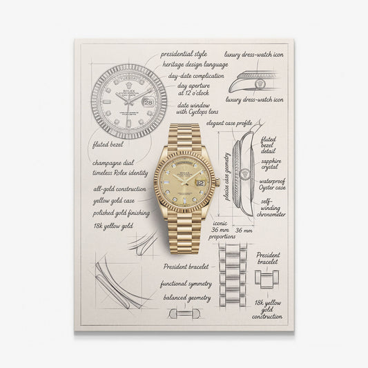 The Gold Standard Design canvas print of a yellow gold watch with a champagne dial drawn over hand-sketched blueprint notes