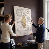Father and son holding The Gold Standard Design watch blueprint canvas against an aubergine wall