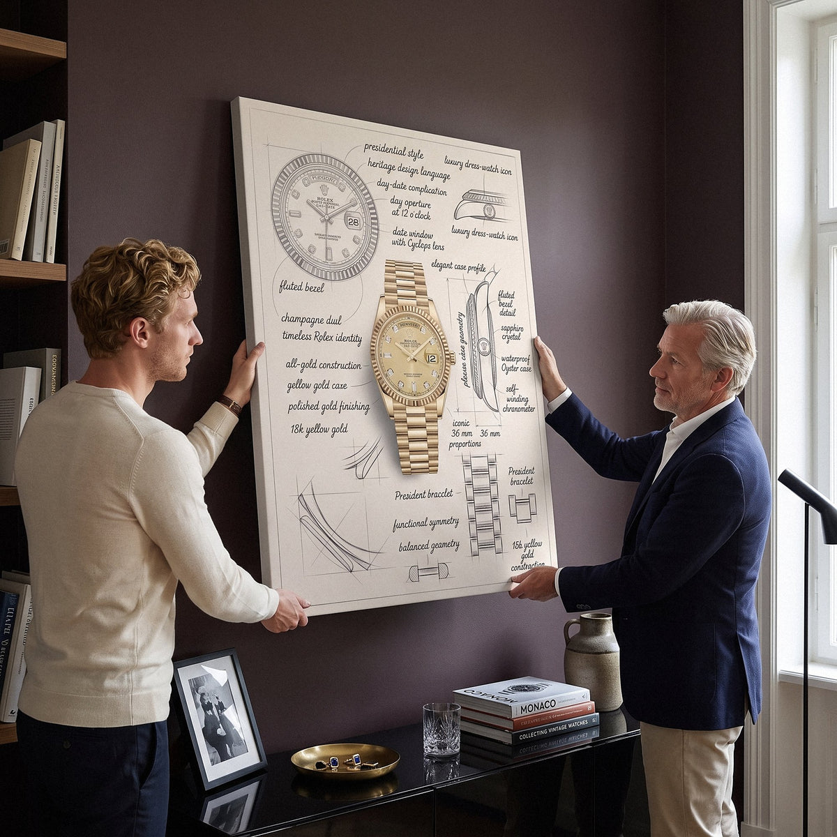 Father and son holding The Gold Standard Design watch blueprint canvas against an aubergine wall