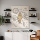 The Gold Standard Design gold watch blueprint canvas above a white sideboard with a decanter between styled shelves