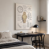 The Gold Standard Design gold watch blueprint canvas above a black desk in a bedroom corner