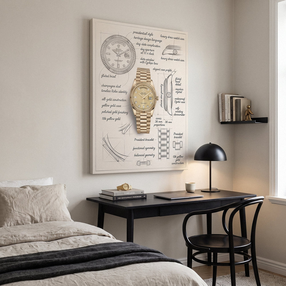 The Gold Standard Design gold watch blueprint canvas above a black desk in a bedroom corner