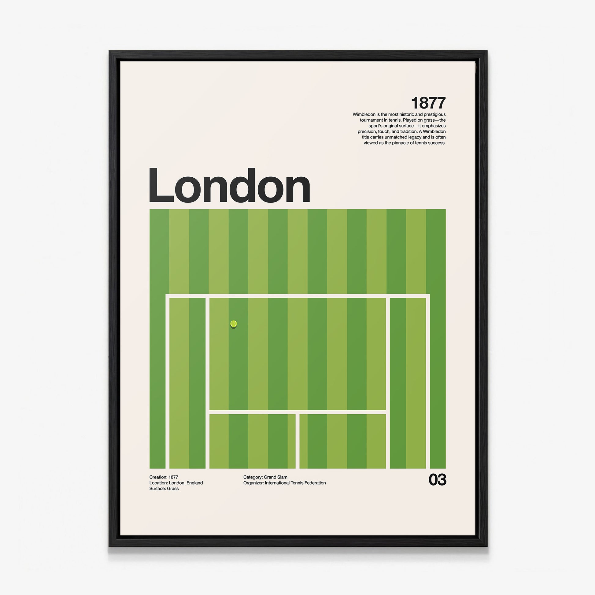 The London Slam tennis canvas in a black floating frame