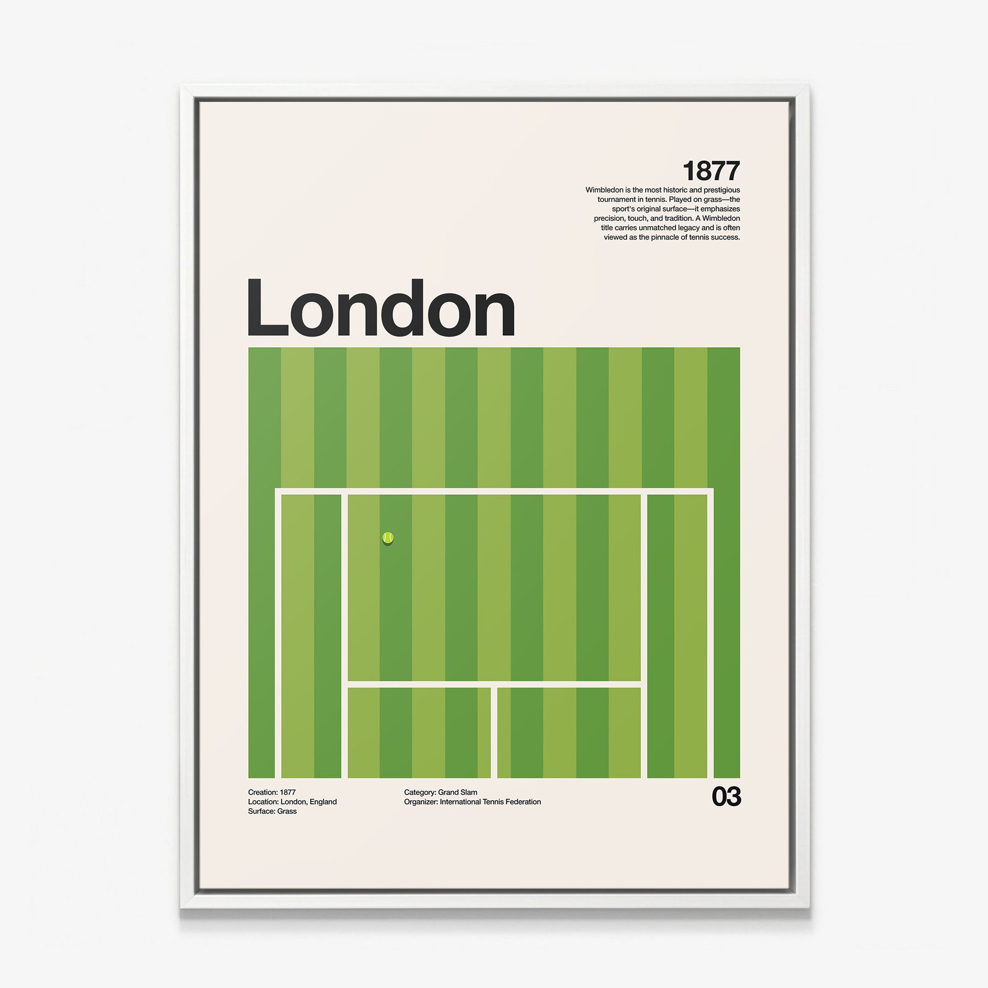 The London Slam tennis canvas in a white floating frame
