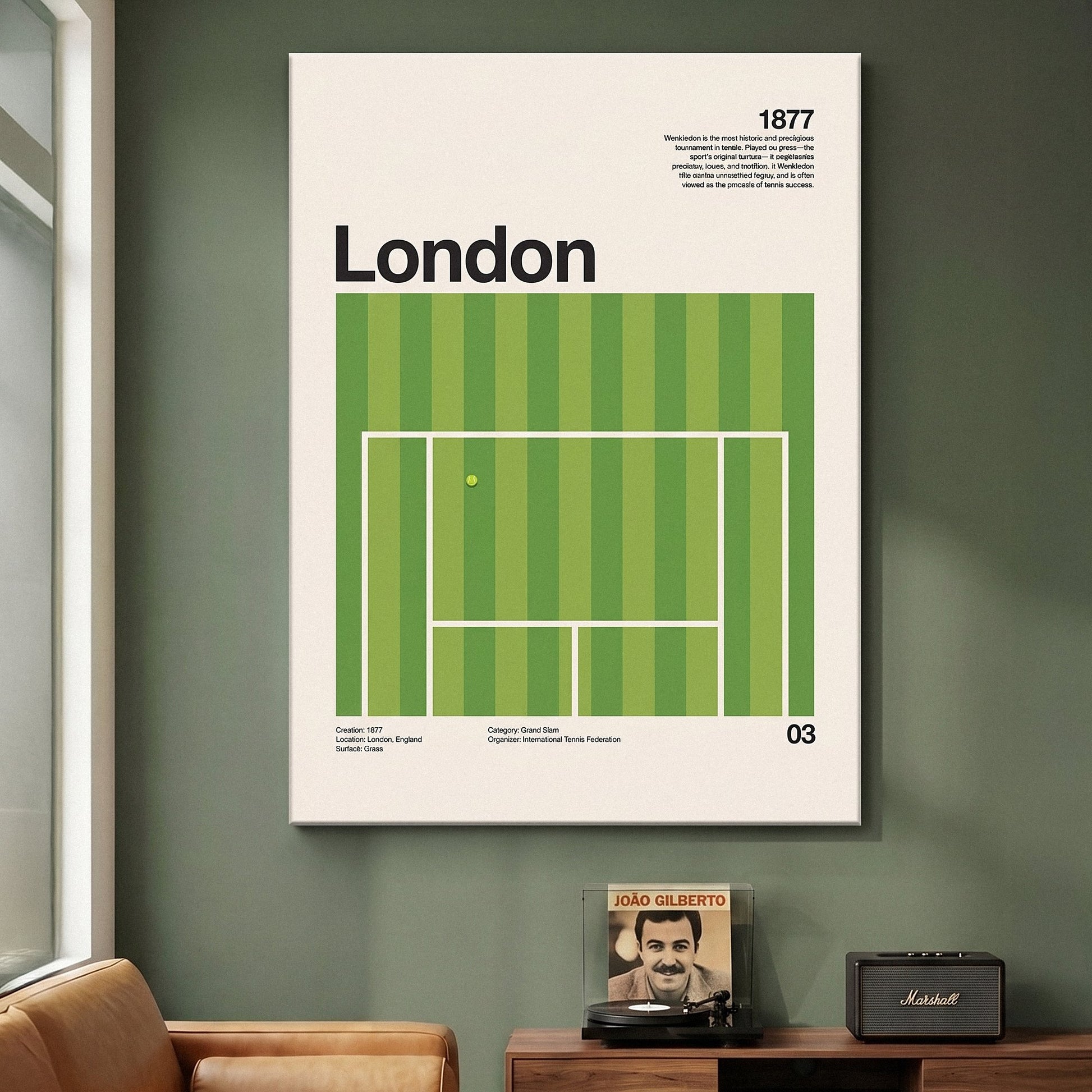 The London Slam tennis wall art canvas on a green feature wall above a console