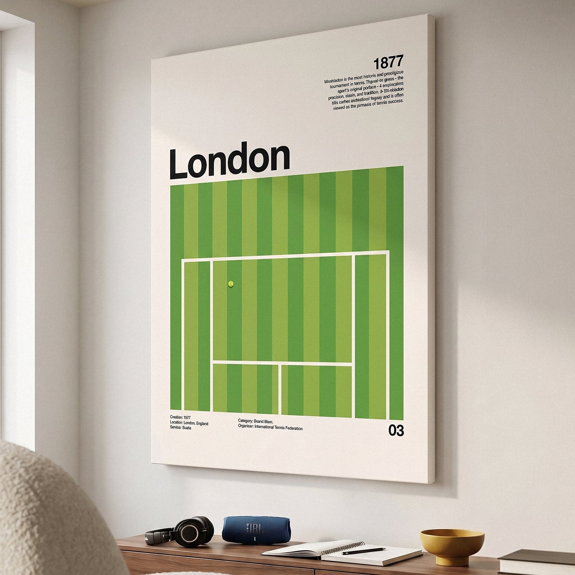 The London Slam tennis canvas print at an angle showing the gallery-wrapped edge