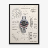 The Meridian Design steel GMT watch with a red and blue bezel blueprint canvas in a black floating frame