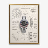 The Meridian Design steel GMT watch with a red and blue bezel blueprint canvas in a gold floating frame