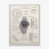 The Meridian Design steel GMT watch with a red and blue bezel blueprint canvas in a white floating frame