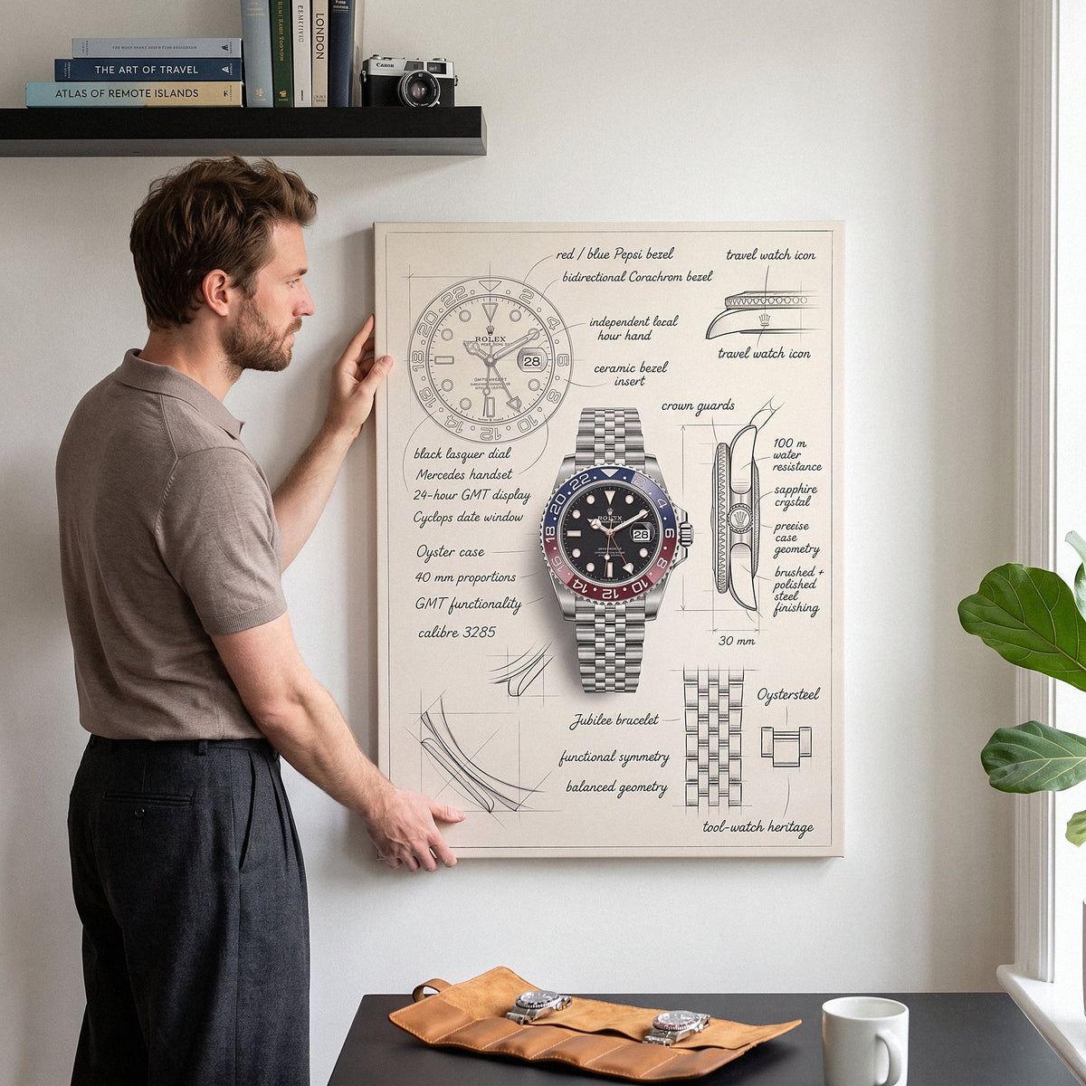 Man hanging The Meridian Design GMT watch blueprint canvas in a bright study above a leather watch roll