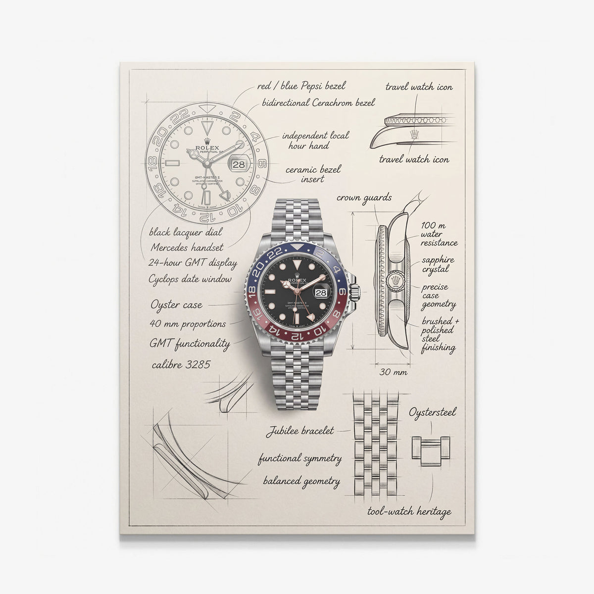 The Meridian Design canvas print of a steel GMT watch with a red and blue bezel drawn over hand-sketched blueprint notes