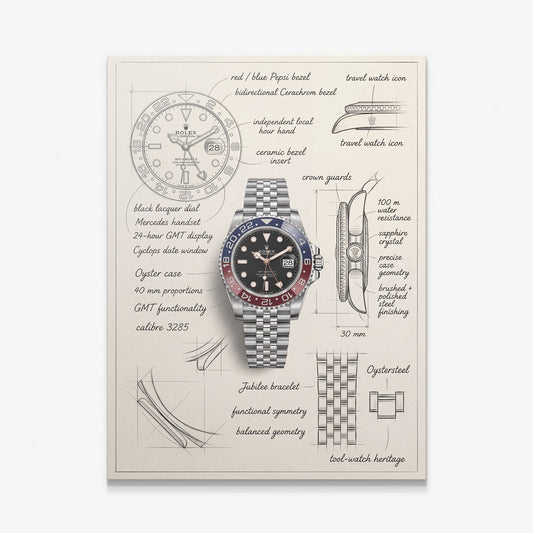 The Meridian Design canvas print of a steel GMT watch with a red and blue bezel drawn over hand-sketched blueprint notes