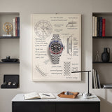 The Meridian Design GMT watch blueprint canvas in a pale greige home office between shelves of watch books