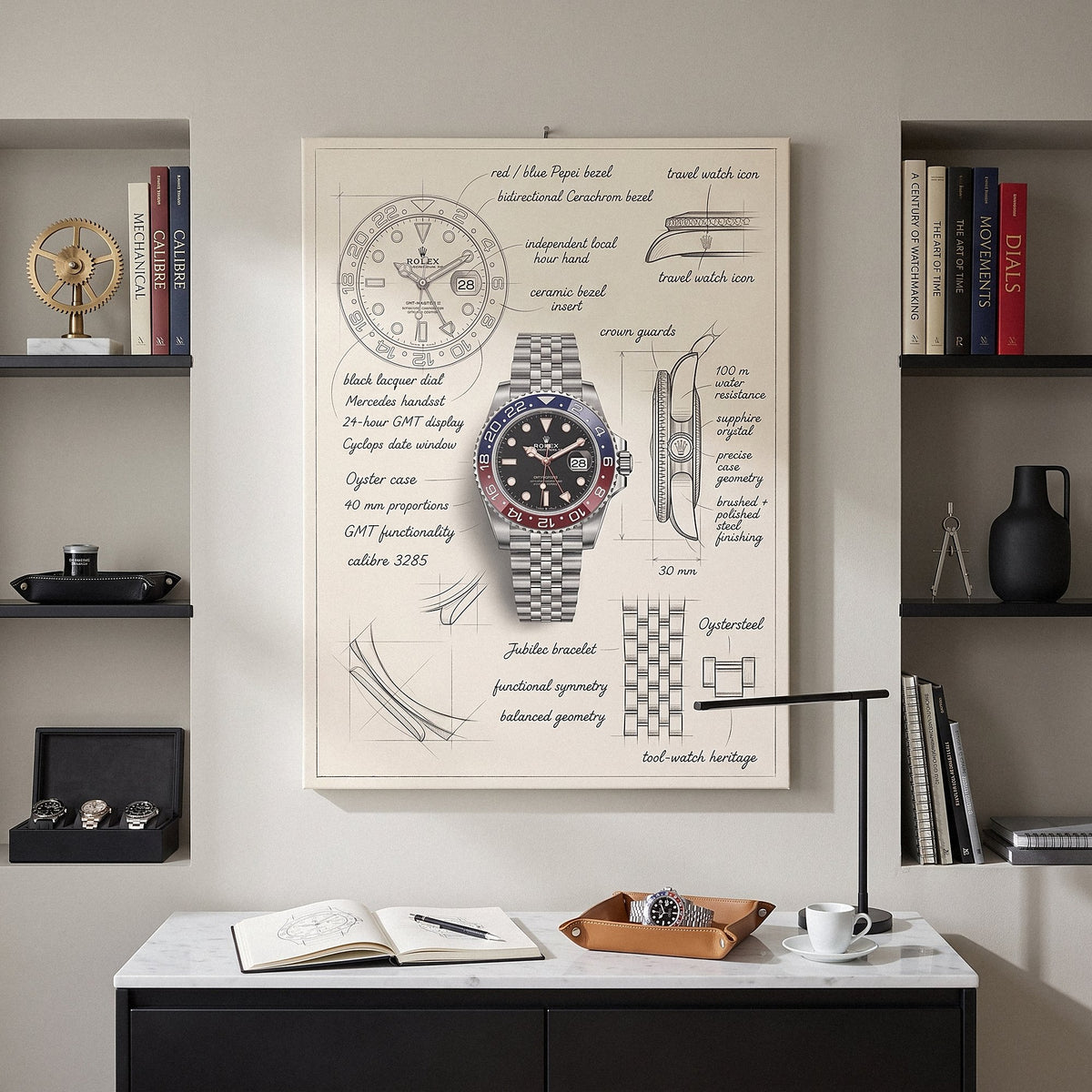The Meridian Design GMT watch blueprint canvas in a pale greige home office between shelves of watch books