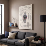 The Meridian Design watch blueprint canvas above a charcoal sofa in a clay taupe living room