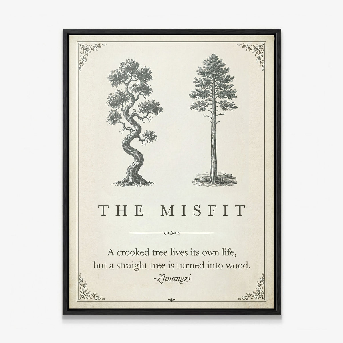 The Misfit tree quote canvas in a black floating frame