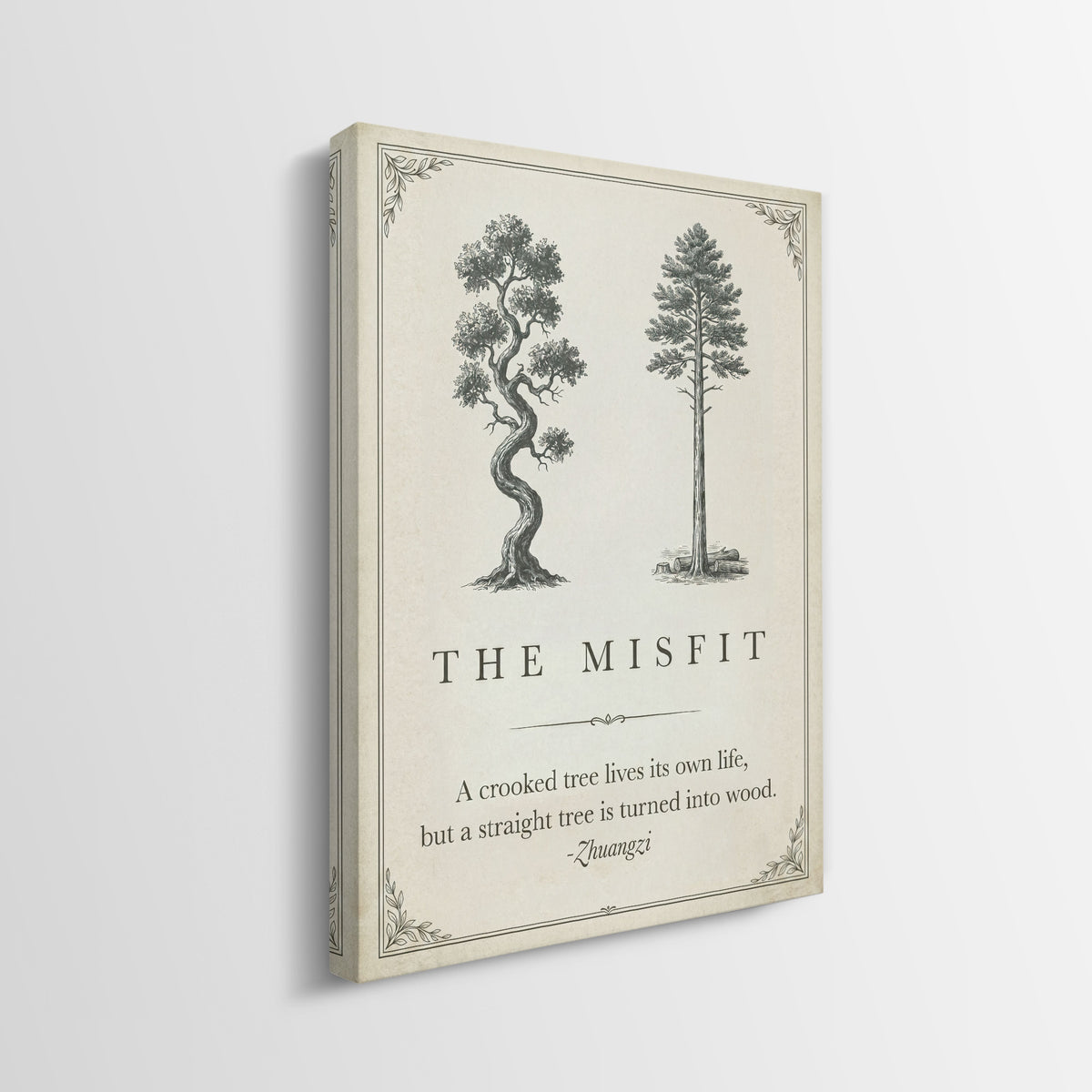 Side view of The Misfit tree quote canvas showing the gallery-wrapped edge