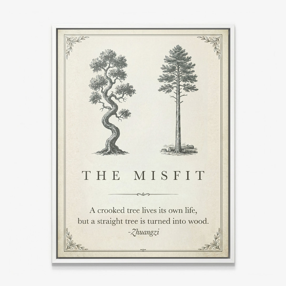 The Misfit tree quote canvas in a white floating frame