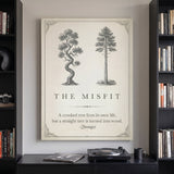 The Misfit tree quote canvas between black bookshelves above a turntable