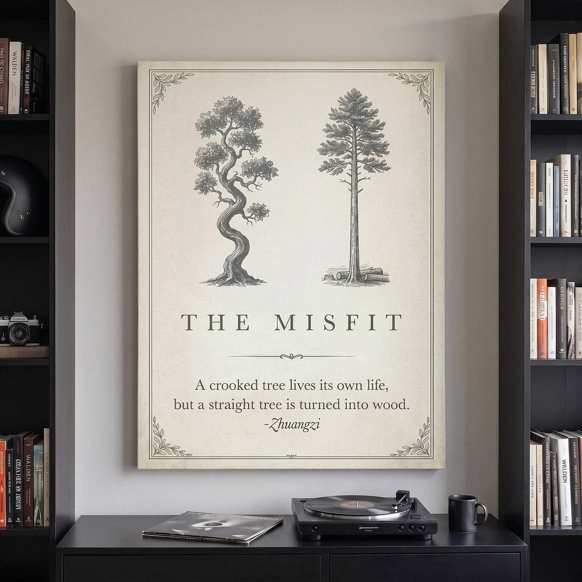 The Misfit tree quote canvas between black bookshelves above a turntable