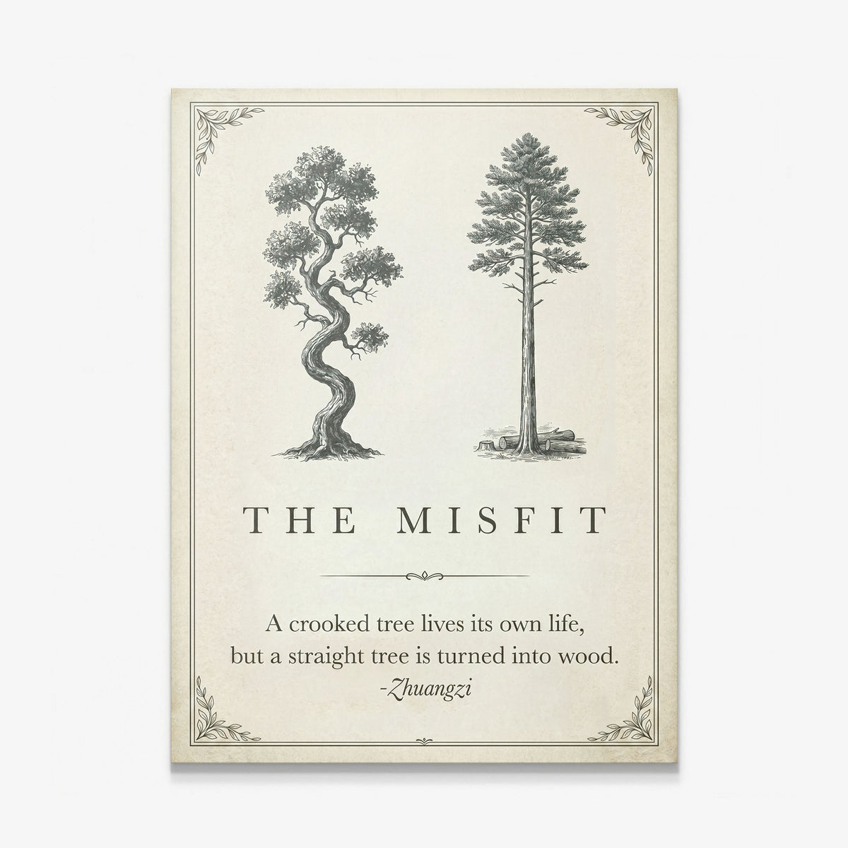 The Misfit crooked and straight tree Zhuangzi quote canvas print on cream, gallery-wrapped and ready to hang