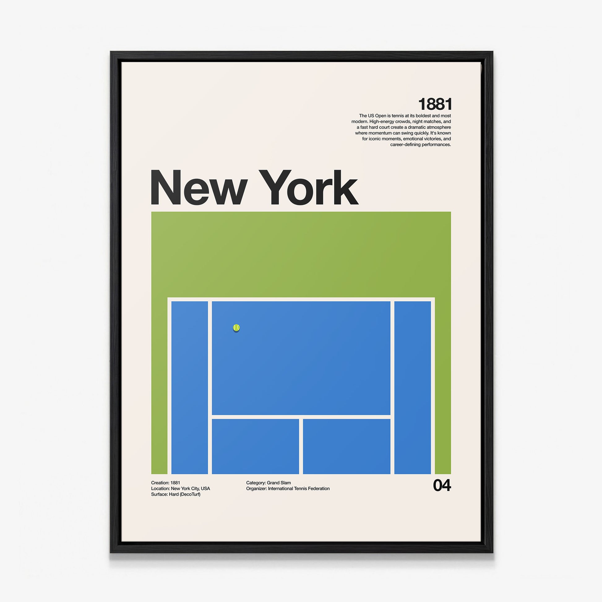 The New York Slam tennis canvas in a black floating frame