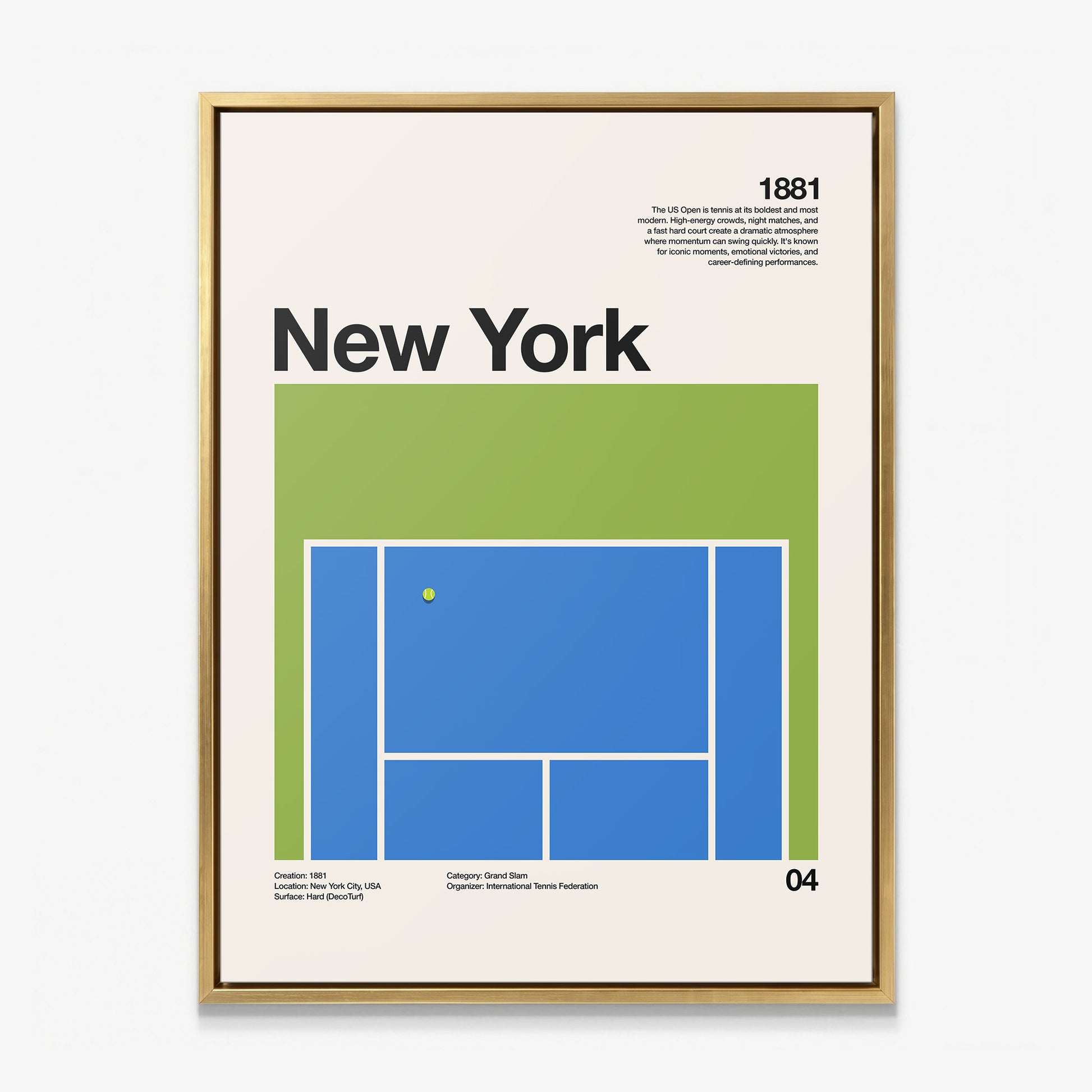 The New York Slam tennis canvas in a gold floating frame