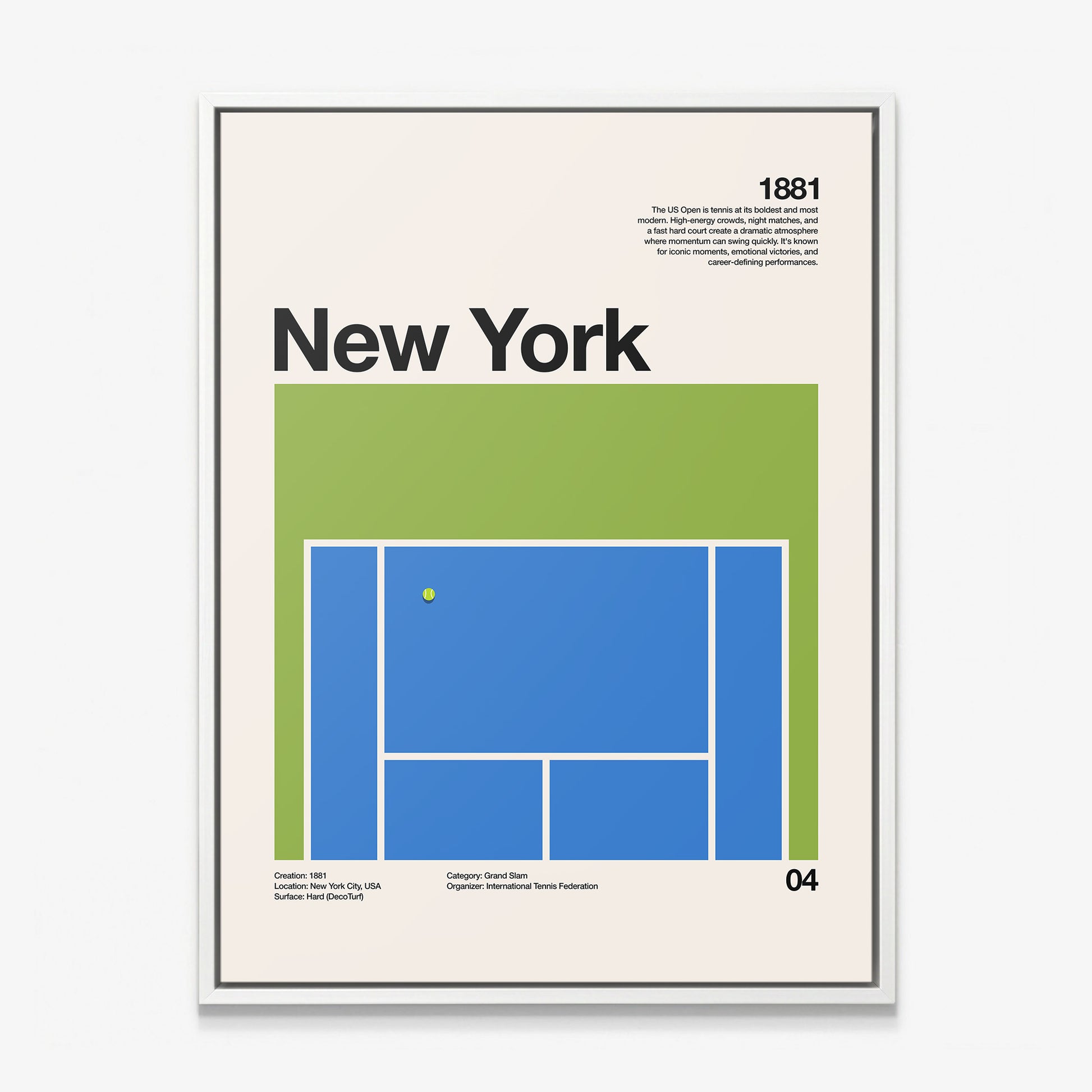 The New York Slam tennis canvas in a white floating frame