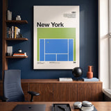 The New York Slam tennis wall art canvas on a navy office wall above a console