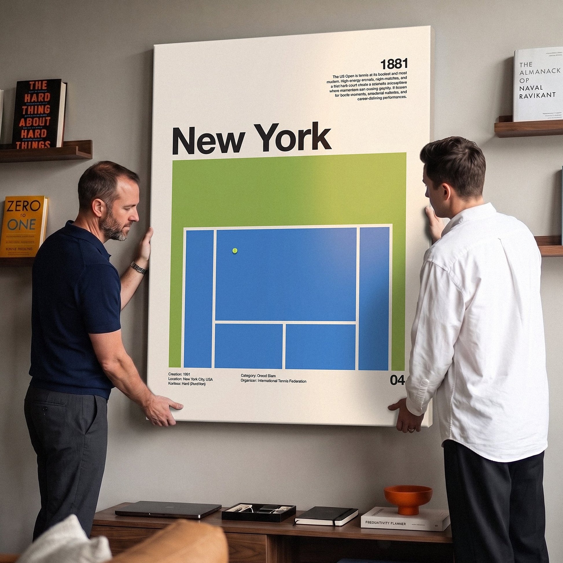 Two people holding the The New York Slam tennis canvas print in a home office