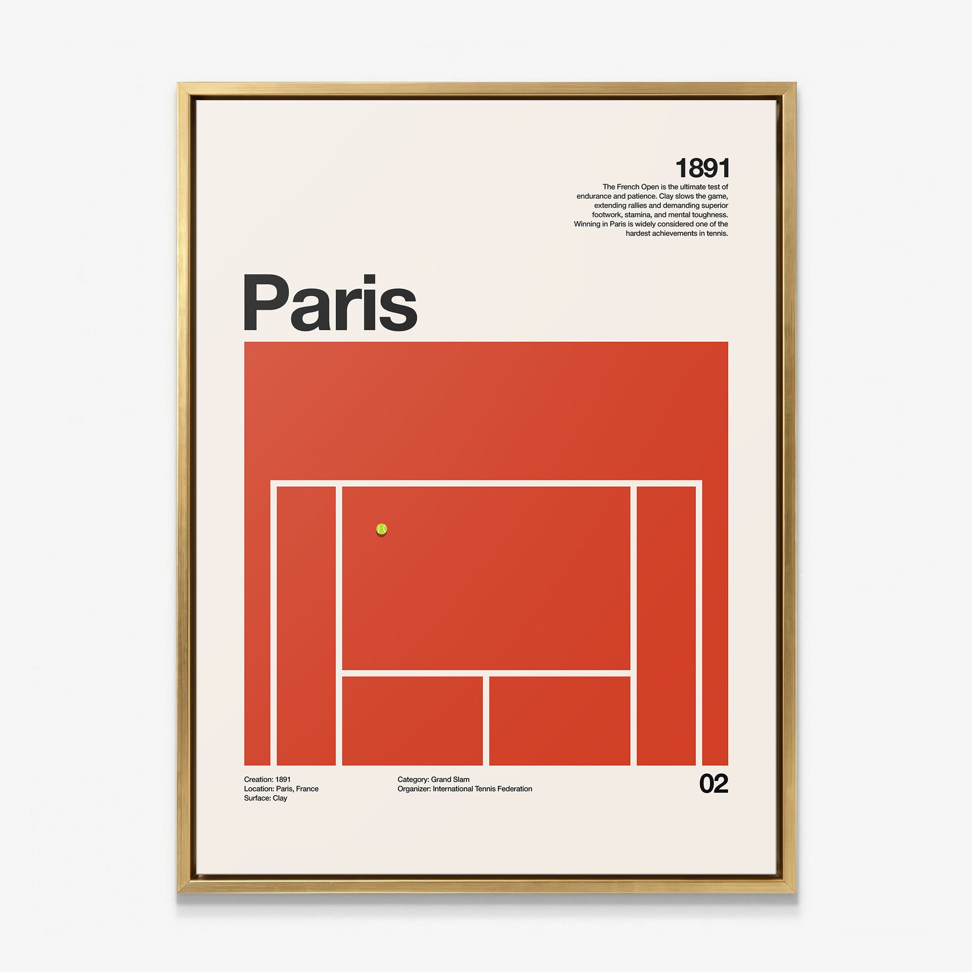 The Paris Slam tennis canvas in a gold floating frame